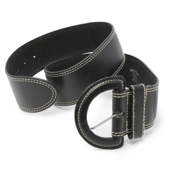 Belt Shak Vegan Leather Wide Belt Black Contrast Stitching Half Moon Buckle - Picture 8 of 11